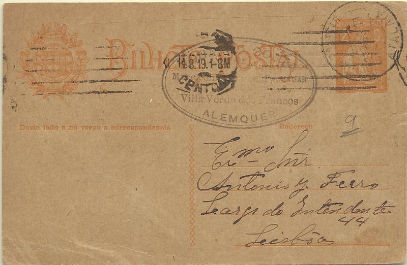 2598.jpg -     Lote:    2598      Lotes pelo Correio       Portugal       Descrição:         Carimbos circulares datado tipo1880. Inteiro postal tipo Ceres de 2C ocre, OM61, circulado de Atalaia (12.08.19) para Lisboa. Carimbo batido a preto de ATALAIA, (raridade 9).        IC       Valor Base:     &euro; 10,00     Valor Venda:     &euro; 18,00     