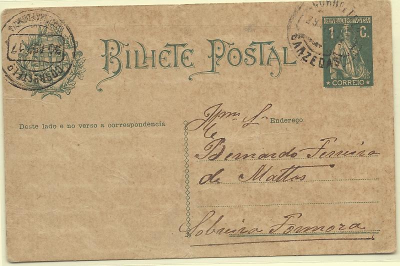 2600.jpg -     Lote:    2600      Lotes pelo Correio       Portugal       Descrição:         Carimbos circulares datados tipo1880. Inteiro postal tipo Ceres de 1C verde, OM59, circulado de Sarzedas (29.08.17) para Sobreira Formosa. Carimbo batido a preto de SARZEDAS (raridade 7).        IC       Valor Base:     &euro; 8,00     Valor Venda:     &euro; 18,00     