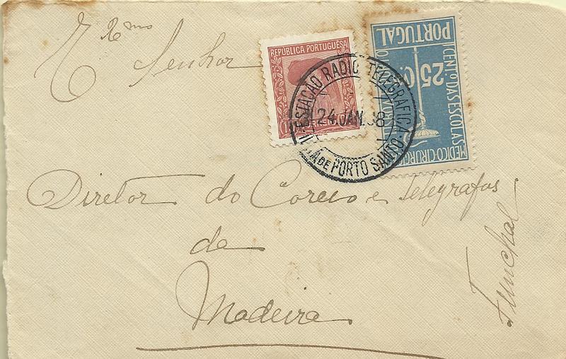 2605.jpg -     Lote:    2605      Lotes pelo Correio       Portugal       Descrição:         Carimbos circulares datados. Frente de sobrescrito circulado de Porto Santo (24.01.38) para a Madeira com selos de 15c CE569 e 25c CE576, obliterados com carimbo batido a preto "ESTAÇÃO RADIO TELEGRAFICA / ILHA DO PORTO SANTO".        Carta       Valor Base:     &euro; 6,00     Valor Venda:     &euro; 11,00     