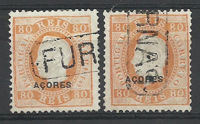 2613.jpg -     Lote:    2613      Lotes pelo Correio       Açores       Descrição:         Carimbos nominativos. 1882/84 &mdash; D. Luís I. Fita direita. Selos com Continente com sobrecarga AÇORES tipo D. CE41, 80 reis laranja, papel porcelana, denteado 12 &frac12;. Lote de dois selos obliterados com carimbo nominativo batido a preto "FURNAS".        O       Valor Base:     &euro; 10,00     Valor Venda:     Retirado     