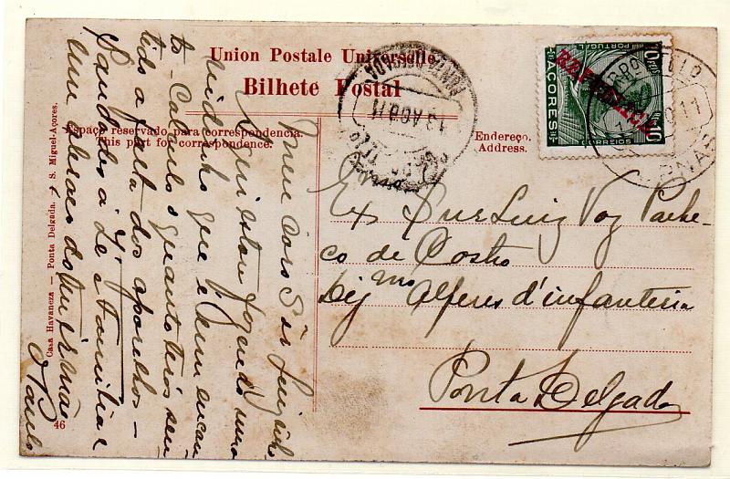 2615.jpg -     Lote:    2615      Lotes pelo Correio       Açores       Descrição:         Carimbos circulares datados, tipos 1880. 1911 &mdash; D. Manuel II, com sobrecarga REPUBLICA. CE123, 10 reis verde em postal ilustrado circulado de Furnas (12.08.11) para Ponta Delgada (13.08.11). Carimbo batido a preto "FURNAS".        PI       Valor Base:     &euro; 10,00     Valor Venda:     Retirado     