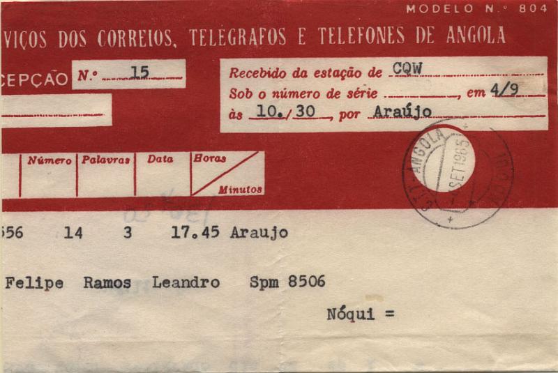 2616.jpg -     Lote:    2616      Lotes pelo Correio       Angola       Descrição:         Carimbos circulares datados. Telegrama remetido para Noqui (04.09.65), carimbo batido a preto de NOQUI.        TLG       Valor Base:     &euro; 8,00     Valor Venda:     Retirado     