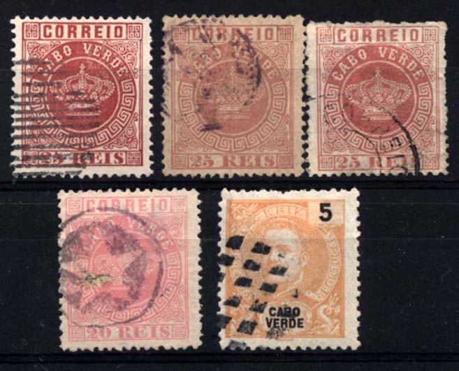 2617.jpg -     Lote:    2617      Lotes pelo Correio       Cabo Verde       Descrição:         Obliterações diversas. Lote de 5 selos de Cabo Verde (tipo Coroa e D. Carlos I) obliterados com carimbos mudos, de estrela e numérico, de origem desconhecida. Lote a ver.        Lote       Valor Base:     &euro; 8,00     Valor Venda:     &euro; 12,00     