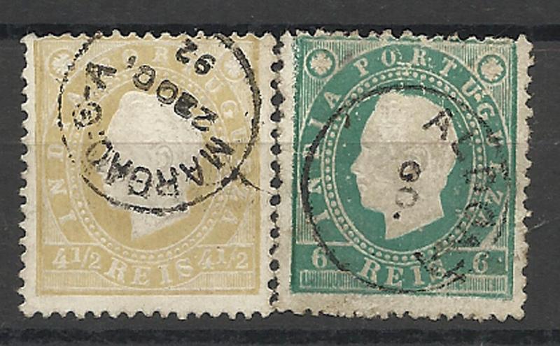 2619.jpg -     Lote:    2619      Lotes pelo Correio       Índia       Descrição:         Carimbos circulares. Lote de dois selos tipo D. Luís I de 4 &frac12; e 6 reis, obliterados com carimbos batidos a preto de "MORMUGAO C-A" e "ALDONA".        O       Valor Base:     &euro; 4,00     Valor Venda:     &euro; 4,00     