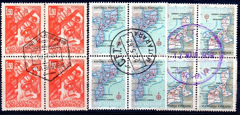 2624.jpg -     Lote:    2624      Lotes pelo Correio       Moçambique       Descrição:         Carimbos circulares e hexagonais. Lote de 3 quadras (uma de 1%40 Ano Santo e duas de $50 e 2$30 Mapas de Moçambique) obliteradas com carimbos: VILA GOUVEIA &mdash; hexagonal a preto; C.T.T. / MUTARARA, circular a preto e MACHAVA, circular de borracha a violeta.        Lote       Valor Base:     &euro; 8,00     Valor Venda:     Retirado     