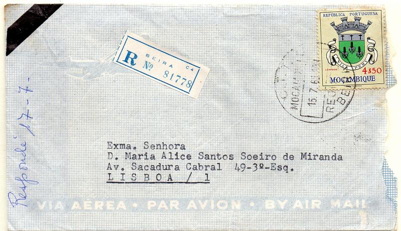 2625.jpg -     Lote:    2625      Lotes pelo Correio       Moçambique       Descrição:         Carimbos circulares datados. Sobrescrito circulado registado da Beira (16.07.61) para Lisboa com selo 442. Carimbo batido a preto "C:T:T: / MOÇAMBIQUE / REGISTOS / BEIRA".        Carta       Valor Base:     &euro; 10,00     Valor Venda:     Retirado     