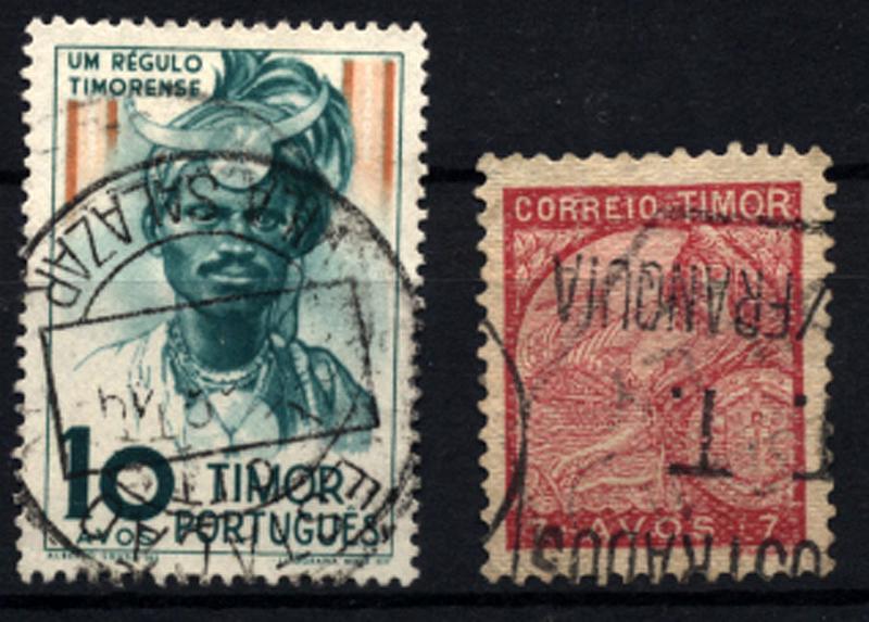 2628.jpg -     Lote:    2628      Lotes pelo Correio       Timor       Descrição:         Carimbos circulares datados. 1948 &mdash; Tipos Indígenas. CE265, 10 avos. Obliterado com carimbo batido a preto "ESTAÇÃO / VILA SALAZAR" + Carimbos administrativos. 1934 &mdash; Padrões. CE213, 7 avos carmim, obliterado com carimbo batido a preto "??? / c.T.T. / ??/FRANQUIA".        O       Valor Base:     &euro; 6,00     Valor Venda:     &euro; 6,00     