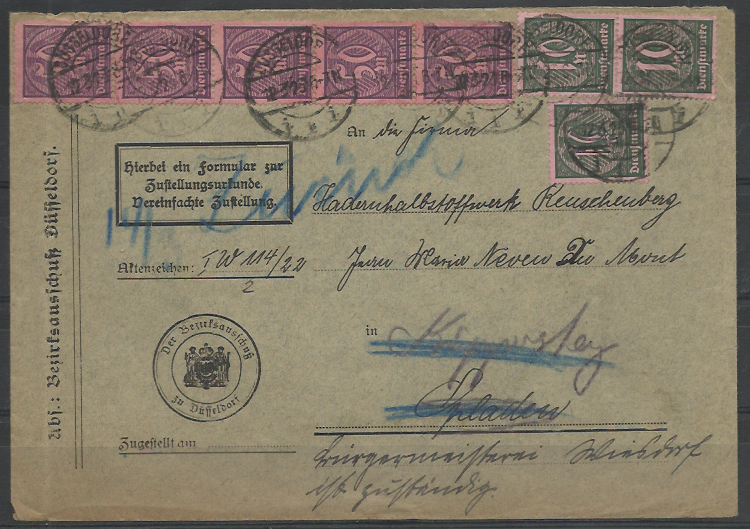 2750.jpg -     Lote:    2750      Lotes pelo Correio              Descrição:      Alemanha &mdash;   1923 &mdash; Selos de Serviço. Numerais. Sobrescrito circulado de Dusseldorf (12.03.23) para Opladen, com 3 selos de 10M Yv33 e 5 selos de 50M Yv35.        Carta       Valor Base:     &euro; 15,00     Valor Venda:     Retirado     