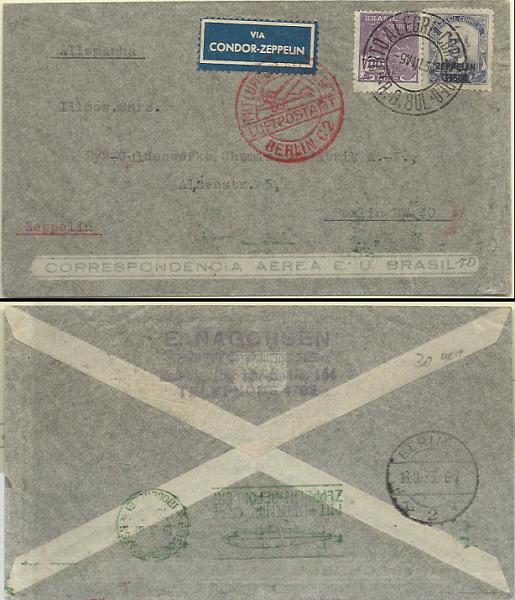 2755.jpg -     Lote:    2755      Lotes pelo Correio              Descrição:      Brasil &mdash;    1933 (05/15 Agosto) &mdash; 4.º Voo para a América do Sul do Zeppelin. Sobrescrito circulado de Porto Alegra (09.08.33) para Berlim (16.08.33).        Aéreo       Valor Base:     &euro; 10,00     Valor Venda:     Retirado     
