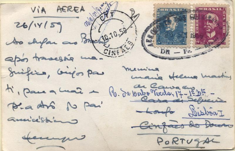 2756.jpg -     Lote:    2756      Lotes pelo Correio              Descrição:      Brasil &mdash;    Postal ilustrado circulado por via aérea para Lisboa (10.10.59) com selos de 1,50 e 5,00 Crza. Carimbo oval batido a preto "AEROPORTO DE GUARARAPES".        PI       Valor Base:     &euro; 15,00     Valor Venda:     Retirado     