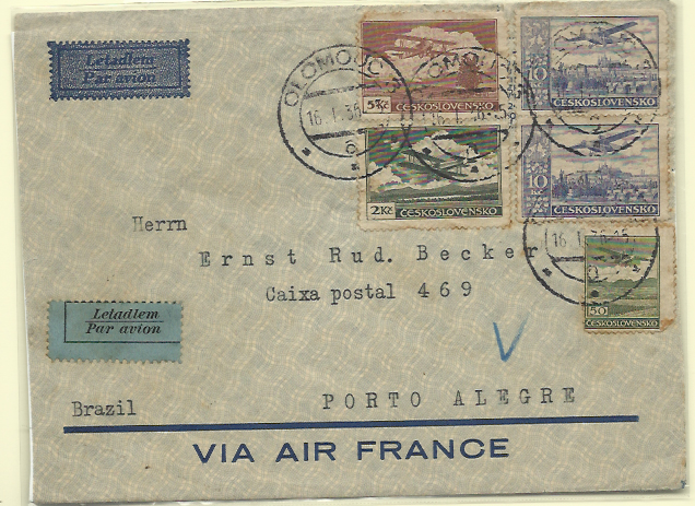 2759.jpg -     Lote:    2759      Lotes pelo Correio              Descrição:      Checoslováquia *   1930 &mdash; Correio Aéreo * Aviões. Sobrescrito circulado de Olomouc (16.01.36) para Porto Alegre com selos de 2, 5, e 2 x 10Kc, Yv CA12,15 e 16.        Aéreo       Valor Base:     &euro; 10,00     Valor Venda:     Retirado     