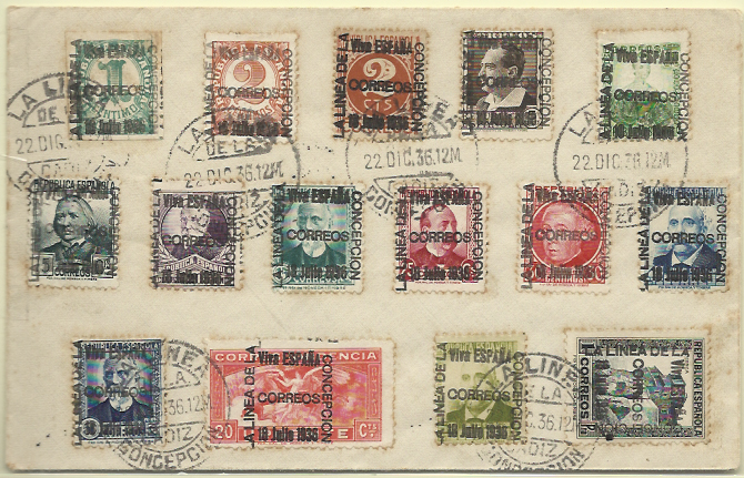 2765.jpg -     Lote:    2765      Lotes pelo Correio              Descrição:      Espanha &mdash;    Emissões nacionalistas. Sobrescrito com série sobrecarregada "LA LINEA DE LA CONCEPCION / VIVA ESPAÑA / CORREOS / 16 JULHO 1936", obliterada com carimbo de La Lines de la Concepcion.        Carta       Valor Base:     &euro; 20,00     Valor Venda:     Retirado     