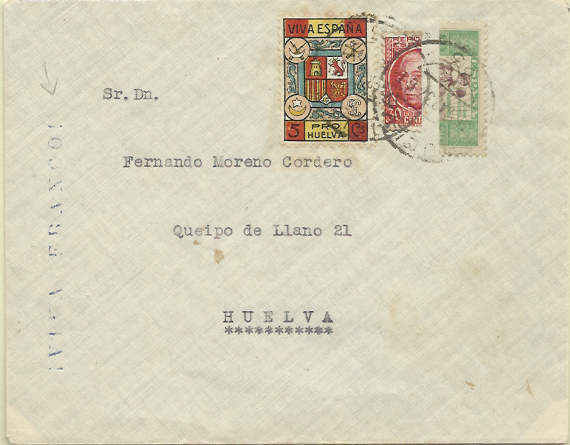 2766.jpg -     Lote:    2766      Lotes pelo Correio              Descrição:      Espanha &mdash;    1934/37 &mdash; Emissões nacionalistas (PRÓ &mdash; HUELVA) + Assistência. Sobrescrito circulado com selo de 5 ct + Assistência bissectado de 10c Yv8 + selo de correio ordinário bipartido Yv532.        Carta       Valor Base:     &euro; 20,00     Valor Venda:     Retirado     