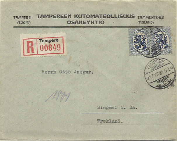 2770.jpg -     Lote:    2770      Lotes pelo Correio              Descrição:      Finlândia &mdash;   1921 &mdash; Emissão Helsínquia. Sobrescrito circulado registado de Tampere com dois selos de 2M Yv107.        Carta       Valor Base:     &euro; 10,00     Valor Venda:     Retirado     