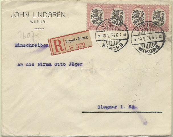 2771.jpg -     Lote:    2771      Lotes pelo Correio              Descrição:      Finlândia &mdash;   1918/21 &mdash; Emissão Helsínquia (bicolor). Sobrescrito circulado registado de Wiborg (19.05.24) com tira de quatro selos de 1M Yv77.        Carta       Valor Base:     &euro; 15,00     Valor Venda:     Retirado     