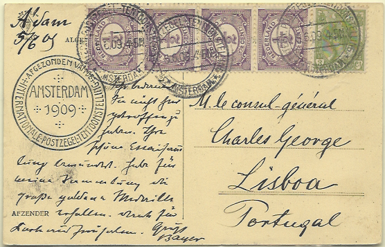 2780.jpg -     Lote:    2780      Lotes pelo Correio              Descrição:      Holanda *   1899/1913 &mdash; Numerais + Wilhelmine. Postal ilustrado circulado de Amesterdão (05.06.09) para Lisboa com tira de 4 selos de &frac12; c Yv65 e selos de 3ct Yv50.        PI       Valor Base:     &euro; 15,00     Valor Venda:     Retirado     