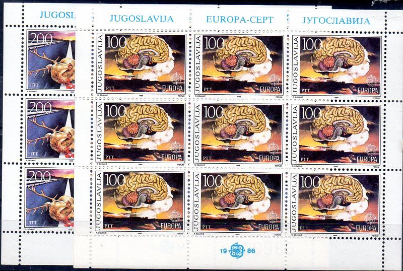 2783.jpg -     Lote:    2783      Lotes pelo Correio              Descrição:      Jugoslávia.   1986 &mdash; Europa CEPT. Lote de duas folhas miniaturas com 9 selos cada uma Yv2033/34.        ***       Valor Base:     &euro; 14,00     Valor Venda:     Retirado     