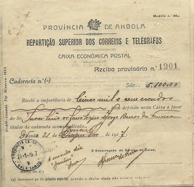 2822.jpg -     Lote:    2822      Lotes pelo Correio              Descrição:      Angola &mdash;   Lote com 8 impressos da Caixa Económica Postal e recibos de registos, com marcofilia diversa. Lote a ver.        Lote       Valor Base:     &euro; 10,00     Valor Venda:     Retirado     