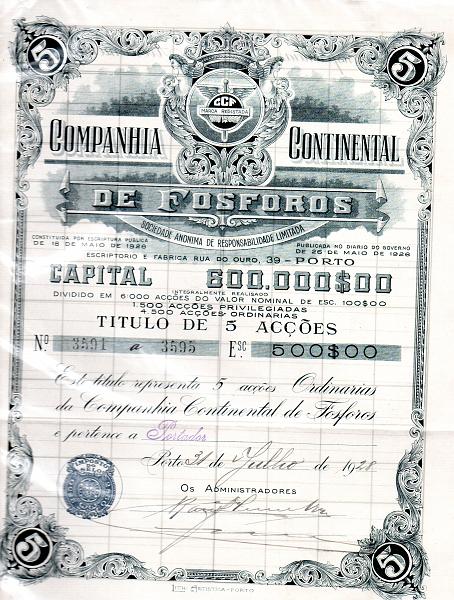 2851.jpg -     Lote:    2851      Lotes pelo Correio              Descrição:         Acções. Lote com 5 títulos: "Empreza Tauromachica Lisbonense", 1893, (não preenchida), nova; Companhia do Grande Hotel das Caldas da Felgueira (1918); "Banco Nacional Agrícola" (1921); "Sociedade Comercial Ultramarina"(1924); "Companhia Continental de Fósforos" (1928).        Lote       Valor Base:     &euro; 15,00     Valor Venda:     &euro; 15,00     