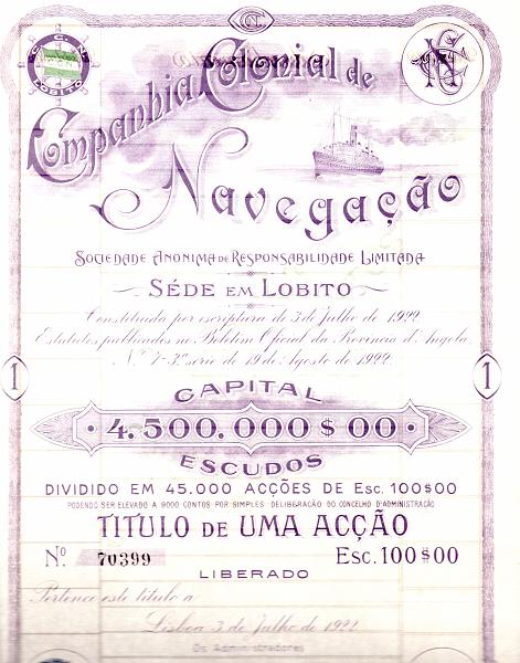 2855.jpg -     Lote:    2855      Lotes pelo Correio              Descrição:         Acções. Lote com 5 títulos: "Carregadores Açorianos" (1920 &mdash; 1 acção; 1928 &mdash; 10 acções) e Companhia Colonial de Navegação (1922 &mdash; 1, 2, 10 acções).        Lote       Valor Base:     &euro; 8,00     Valor Venda:     &euro; 8,00     
