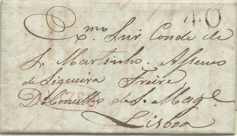 0083.jpg -     Lote:    83            Portugal       Descrição:      Viseu   — A vermelho, LF VIS2 em carta datada de Viseu (15.04.1831) para Lisboa com o porte de 40 reis batido a violeta.         Carta       Valor Base:     € 20,00     Valor Venda:     € 24,00       