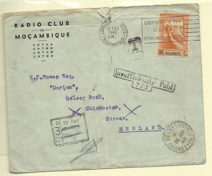 0496.jpg -     Lote:    496            Moçambique       Descrição:         Porteados. 1938 — Império Colonial Português. CE300, 80c laranja em carta circulada de Lourenço Marques (22.02.40) para Inglaterra (18.03.40). Insuficientemente franquiada foi porteada com 3d (seis selos de ½). MB e R.         Carta       Valor Base:     € 25,00     Valor Venda:     Retirado     