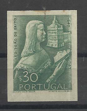 0702.jpg -     Lote:    702            Portugal       Descrição:         1948 — 3.º Centenário do Nascimento de S. João de Brito. CE691, $30 verde. Prova de cor não denteada.        PRV       Valor Base:     € 5,00     Valor Venda:     € 6,00       