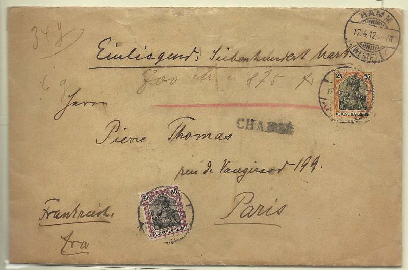1593.jpg -     Lote:    1593                   Descrição:      Alemanha Reich.   1912 — Germânia. Sobrescrito circulado de Hamm (17.04.12) para Paris (18.04.12) com selos de 25pf e 50pf.         Carta       Valor Base:     € 20,00     Valor Venda:     Retirado     