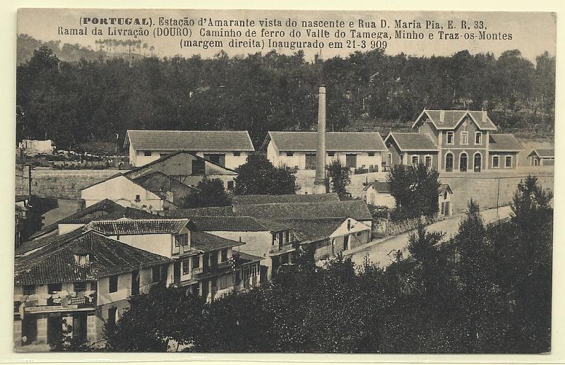 0563.jpg -     Lote:    563                   Descrição:         Amarante (Portugal). Estação d'Amarante vista do nascente e Rua D. Maria Pia, E.R. 33. Ramal da Livração (DOURO). Caminho de ferro do Valle do Tamega, Minho e Traz os Montes (margem direita). Inaugurado em 21-3-909.. Circulado.        PI       Valor Base:     € 15,00     Valor Venda:     Retirado     