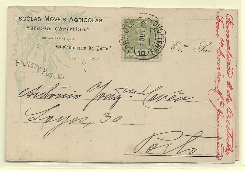 0578.jpg -     Lote:    578                   Descrição:         Publicitários. Escolas Móveis Agrícolas "Maria Cristina". Lote de dois postais circulados com selos de 10 reis tipo D. Carlos I Mouchon.        PI       Valor Base:     € 8,00     Valor Venda:     Retirado     
