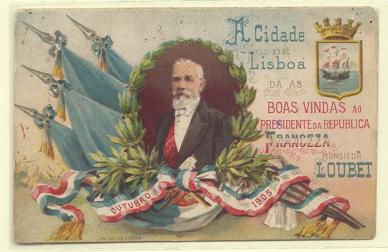 0584.jpg -     Lote:    584                   Descrição:         A Cidade de Lisboa dá as Boas Vindas ao Presidente da Republica Franceza Monsieur Loubet. Circulado com selo arrancado.        PI       Valor Base:     € 15,00     Valor Venda:     Retirado     