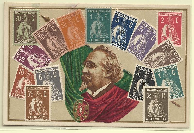 0585.jpg -     Lote:    585                   Descrição:         Temáticos. Filatelia e Personagens. Postal ilustrado a cores, com impressão em relevo, alusivo à implantação de República, com reprodução de selos Ceres e busto de Manuel de Arriaga.        PI       Valor Base:     € 12,00     Valor Venda:     Retirado     