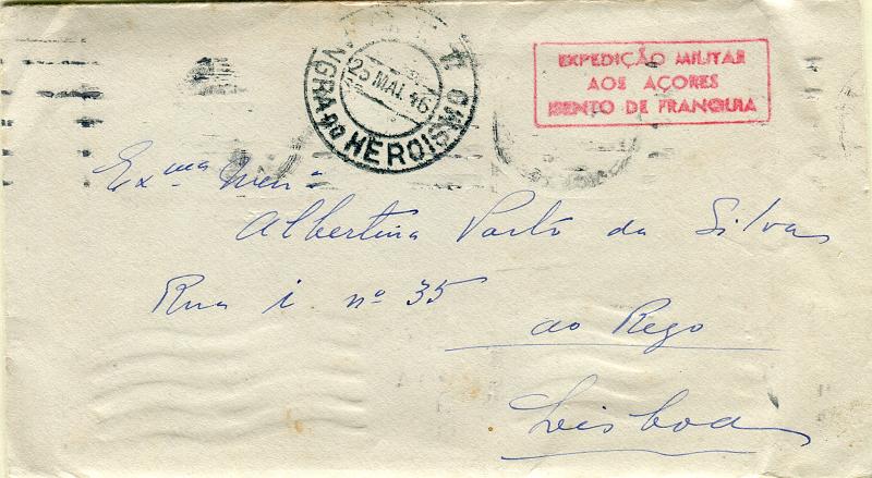 0711.jpg -     Lote:    711            2.ª Guerra Mundial       Descrição:         1939/45 &mdash; 2.ª Guerra Mundial. Isentos de franquia. Sobrescrito circulado isento de franquia de Angra do Heroísmo (25.05.46) para Lisboa (13.06.46). Carimbo batido a vermelho "ESPEDIÇÃO MILITAR / AOS AÇORES / ISENTO DE FRANQUIA".        Carta       Valor Base:     &euro; 10,00     Valor Venda:     Retirado     