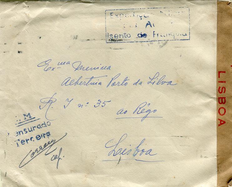 0712.jpg -     Lote:    712            2.ª Guerra Mundial       Descrição:         1939/45 &mdash; 2.ª Guerra Mundial. Isentos de franquia e censuras. Sobrescrito circulado isento de franquia da Terceira para Lisboa (22.12.44). Carimbo batido a azul "EXPEDIÇÃO MILITAR / AOS AÇORES / ISENTO DE FRANQUIA" + carimbo de censura batido a azul "C.M. / CENSURADO / TERCEIRA".        Carta       Valor Base:     &euro; 12,00     Valor Venda:     Retirado     