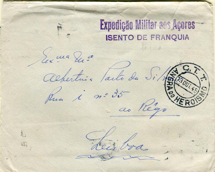 0715.jpg -     Lote:    715            2.ª Guerra Mundial       Descrição:         1939/45 &mdash; 2.ª Guerra Mundial. Isentos de franquia. Sobrescrito circulado isento de franquia de Angra do Heroísmo (13.10.45) para Lisboa (22.10.45). Carimbo batido a violeta "ESPEDIÇÃO MILITAR AOS AÇORES / ISENTO DE FRANQUIA".        Carta       Valor Base:     &euro; 10,00     Valor Venda:     Retirado     