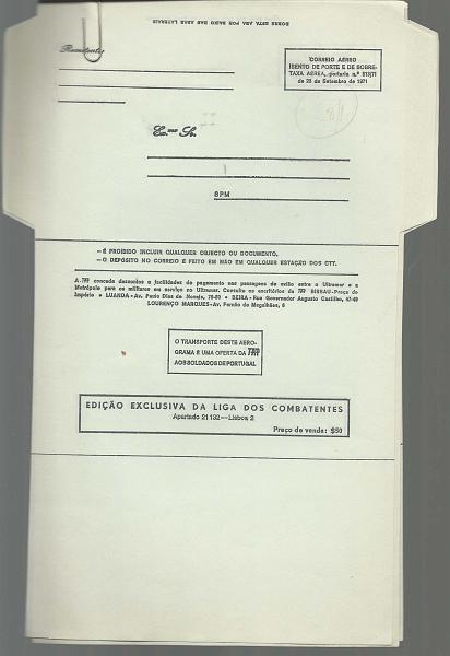 0720.jpg -     Lote:    720            Guerra Colonial       Descrição:         1961/75 &mdash; Guerra Colonial. Bilhetes-Cartas isentos de Franquia. OM45. Liga dos Combatentes. Lote de 3 aerogramas novos com defeitos de impressão.        IN       Valor Base:     &euro; 10,00     Valor Venda:     Retirado     