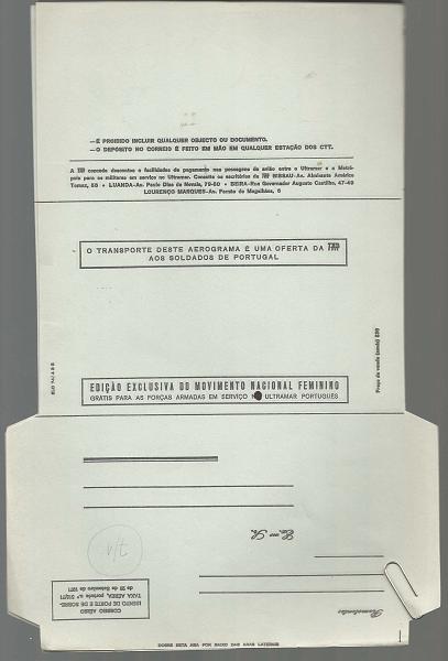 0721.jpg -     Lote:    721            Guerra Colonial       Descrição:         1961/75 &mdash; Guerra Colonial. Bilhetes-Cartas Isentos de Franquia. Lote de 3 aerogramas do MNF, tipo ELO 74/432 com deslocação de impressão.        IN       Valor Base:     &euro; 10,00     Valor Venda:     Retirado     