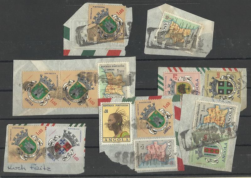 0723.jpg -     Lote:    723            Guerra Colonial       Descrição:         1961/75 &mdash; Guerra Colonial. Angola. Lote com 7 fragmentos com selos obliterados com carimbo linear do PMC 186.        Lote       Valor Base:     &euro; 30,00     Valor Venda:     Retirado     