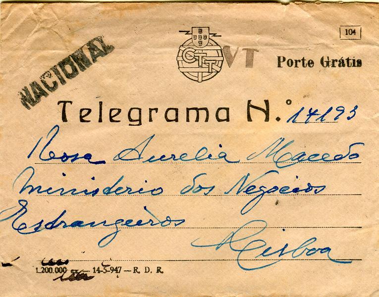 0725.jpg -     Lote:    725            Isentos de franquia       Descrição:         Isentos de franquia. Sobrescrito Mod. 104 circulado em Lisboa com telegrama. Carimbo nominal batido a preto "NACIONAL".        Carta       Valor Base:     &euro; 6,00     Valor Venda:     &euro; 6,00       