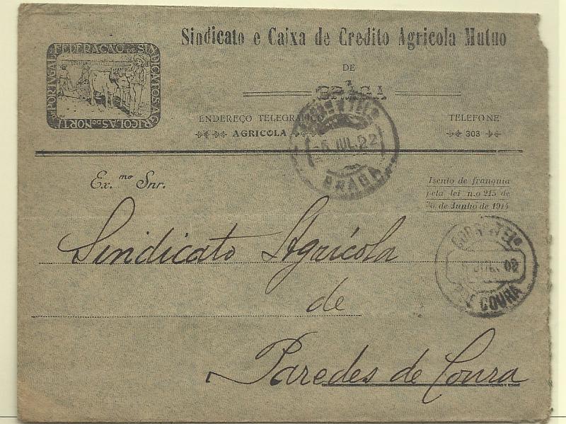 0727.jpg -     Lote:    727            Isentos de franquia       Descrição:         Isentos de franquia. Sindicato e Caixa de Credito Agrícola Mutuo. Sobrescrito circulado de Braga (05.07.22) para Paredes de Coura (06.07.22), isento de franquia pela Lei n.º 215 de 30.06.1914. Isenção impressa a preto.        Carta       Valor Base:     &euro; 15,00     Valor Venda:     &euro; 15,00       