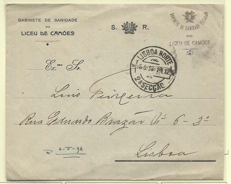 0730.jpg -     Lote:    730            Isentos de franquia       Descrição:         Isentos de Franquia. Gabinete de Sanidade do Liceu Camões. Sobrescrito circulado em Lisboa (06.05.36), isento de franquia. Isenção por meio de carimbo da entidade, batido a violeta.        Carta       Valor Base:     &euro; 12,00     Valor Venda:     &euro; 12,00       
