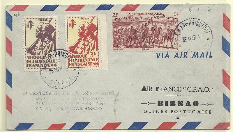 0750.jpg -     Lote:    750      Correio Aéreo      Guiné       Descrição:         1947 (06.03) &mdash; 1.º Voo Dakar &mdash; Bissau. Sobrescrito circulado de Dakar (06.03.47) para Bissau (07.03.47) no primeiro voo. Carimbo comemorativo da ligação batido a preto.         Aéreo       Valor Base:     &euro; 20,00     Valor Venda:     &euro;      