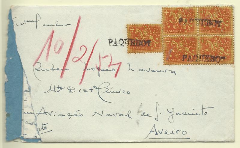 0775.jpg -     Lote:    775      Correio Marítimo             Descrição:         Marcas do correio marítimo. 1953 &mdash; Cavaleiro Medieval. Sobrescrito lançado a bordo de paquete no Faial (27.01.54) com 5 selos de $20 CE765, obliterados com marca de denominação de origem "PAQUEBOT" batida a preto. MB e MR.         Carta       Valor Base:     &euro; 50,00     Valor Venda:     &euro;      