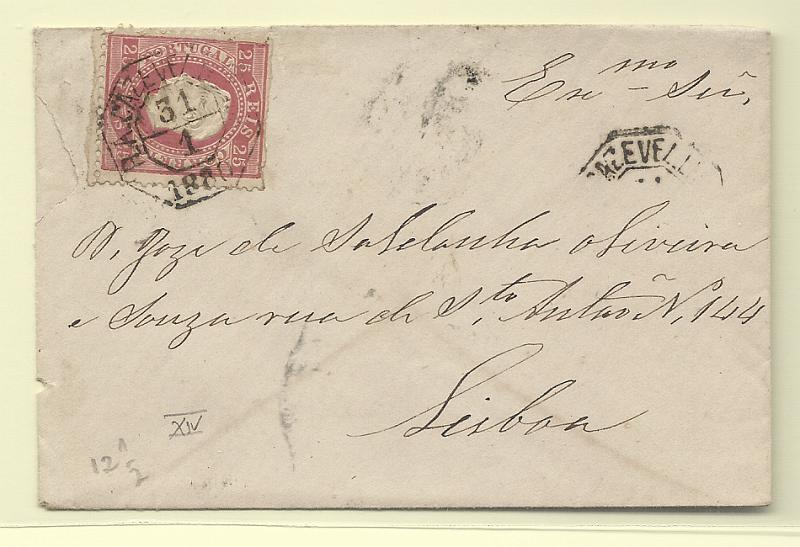 0786.jpg -     Lote:    786      Correio Ferroviário             Descrição:         Correio ferroviário. 1870/76 &mdash; D. Luís I, fita direita. CE40, 25 reis carmim, denteado 12 &frac12; em carta circulada pela Ambulância Cazevel a Lisboa (31.01.80) para Lisboa.         Carta       Valor Base:     &euro; 15,00     Valor Venda:     &euro;      