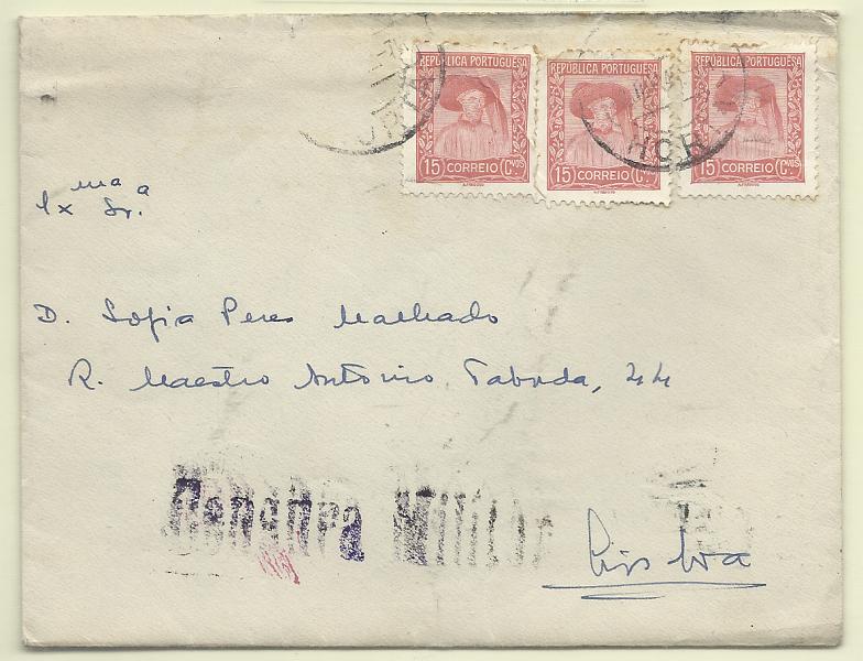 0834.jpg -     Lote:    834      Correio Militar e censuras             Descrição:         1939/45 &mdash; 2.ª Guerra Mundial. Censuras. Sobrescrito circulado da Horta para Lisboa (10.06.42) com 3 selos de 15c CE569. Carimbo batido a violeta "CENSURA MILITAR".         Carta       Valor Base:     &euro; 20,00     Valor Venda:     &euro;      