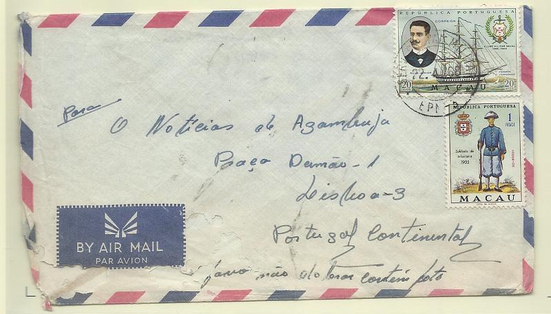 0847.jpg -     Lote:    847      Correio Militar e censuras             Descrição:         1961 &mdash; Guerra Colonial. Macau. Sobrescrito circulado da EPM5 (22.04.68) para Lisboa, com selos CE413 e CE416. Carimbo batido a preto "SERVIÇO POSTAL MILITAR / EPM5".         Carta       Valor Base:     &euro; 10,00     Valor Venda:     &euro;      