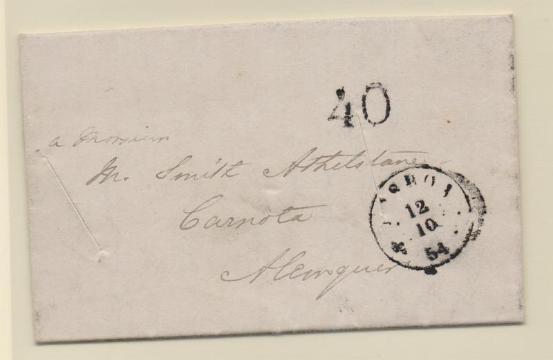 0010.jpg -     Lote:    10      J. M. Castanheira da Silveira (1ª parte)      Porteado       Descrição:         1859 — Porteado. Primeiro período ª 2.ª tabela. Carta remetida de Lisboa (12.10.54) para Alenquer com porte a pagar. Foi porteada em 40 reis. Selo fixo batido a preto.         Carta       Valor Base:     € 20,00     Valor Venda:     € 20,00       