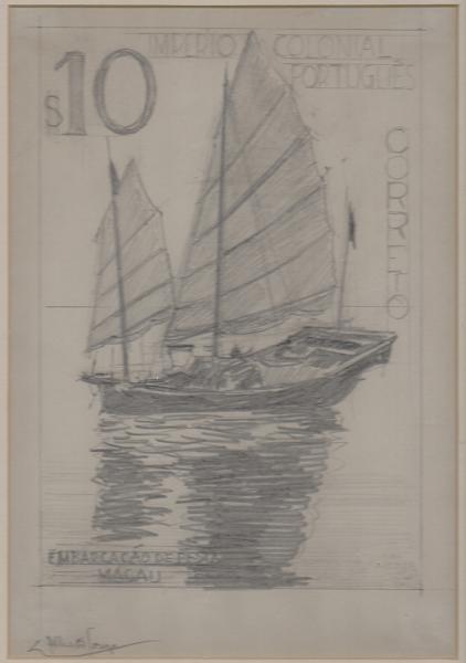 0181.jpg -     Lote:    181      J. M. Castanheira da Silveira (1ª parte)      Literatura Filatélica       Descrição:         Macau. Desenho a carvão de selo não aprovado para a taxa de $10 do Império Colonial português (embarcação de pesca de Macau). Desenho de Alberto de Sousa. R.         DES       Valor Base:     € 250,00     Valor Venda:     € 550,00       