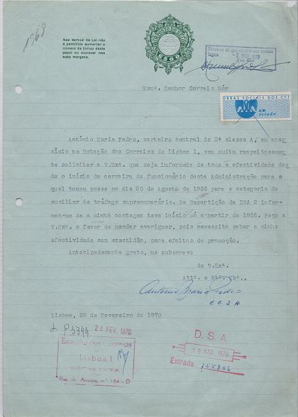 0182.jpg -     Lote:    182      J. M. Castanheira da Silveira (1ª parte)      Literatura Filatélica       Descrição:         Fiscais. Portugal. Papel selado de 6$00 com estampilha da Obra Social dos CTT.         DOC       Valor Base:     € 5,00     Valor Venda:     Retirado     