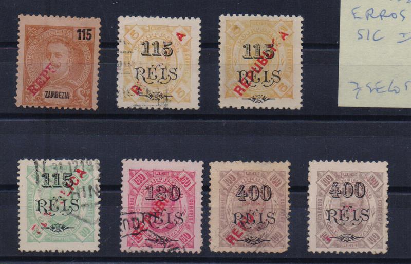 0214.jpg -     Lote:    214      Colecção Especializada - Zambézia             Descrição:         1911/14 &mdash; D. Carlos I, tipo Diogo Neto. Selos de 1902 com sobrecarga REPUBLICA local + D. Carlos I Mouchon, com sobrecarga REPUBLICA da casa da Moeda. Lote de 7 selos, todos com a sobrecarga mal impressa. CE70 (2), 72, 75, 77 (2) e 64.         **/O       Valor Base:     &euro; 20,00     Valor Venda:     &euro; 20,00       
